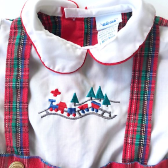 Alexis Toddler Overalls 3 M Month Red Plaid Embroidered Train Snaps EUC… - Picture 1 of 12